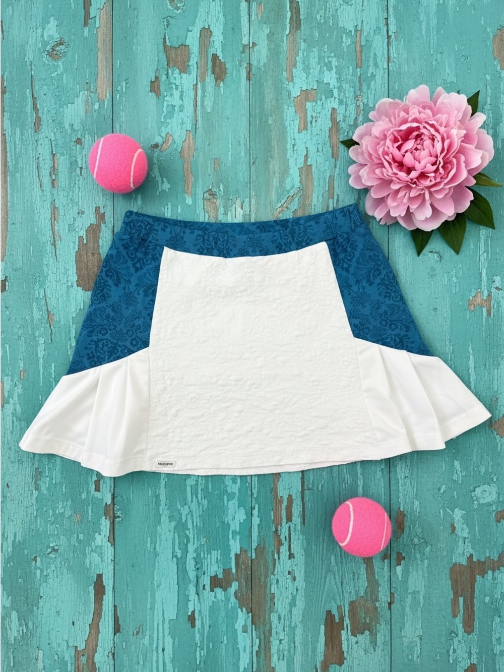 L'Etoile White and Teal Floral-Panel Mini tennis Skort